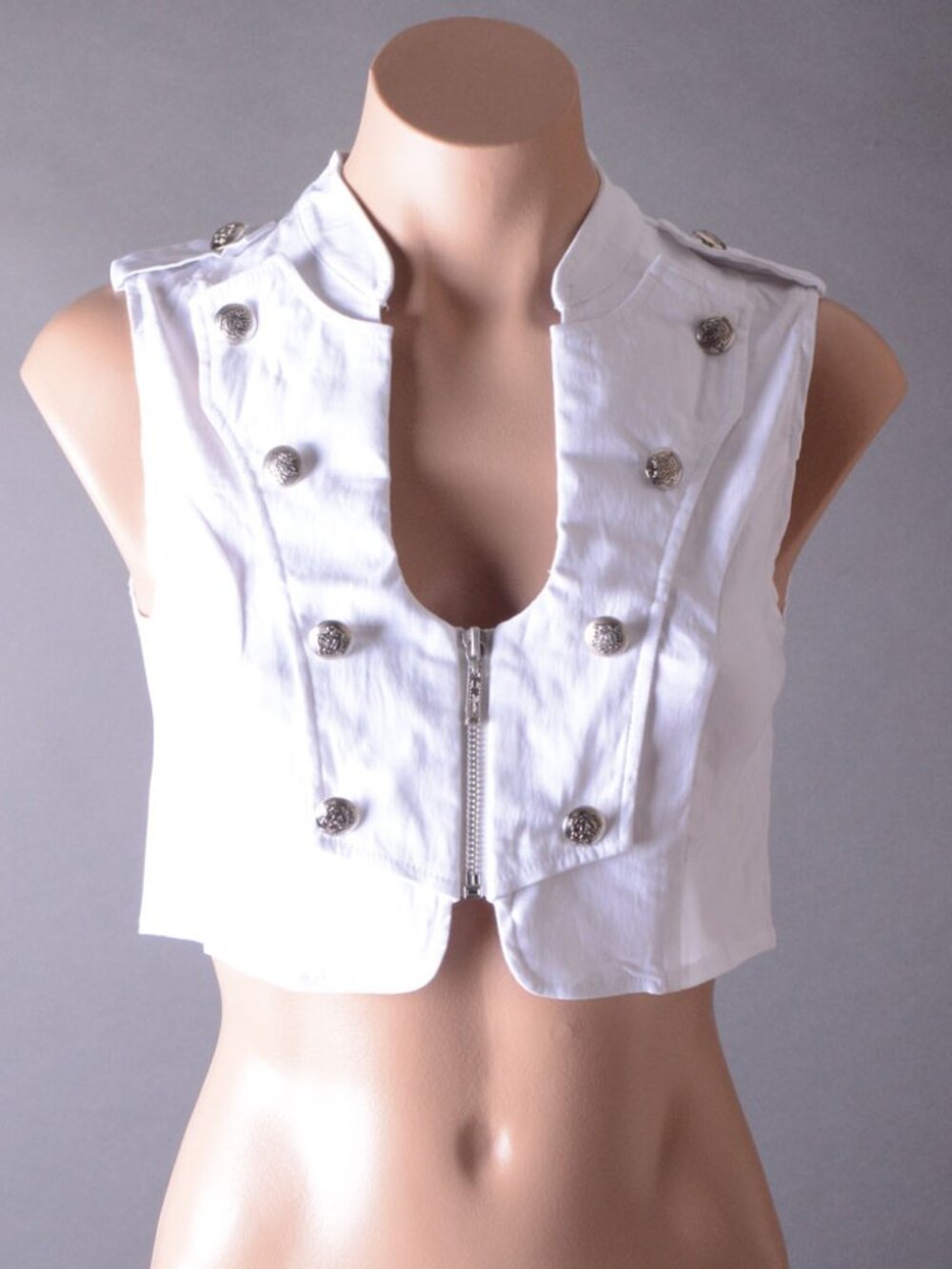 White Steampunk Military Gothic Sleeveless Zipper Fitted Crop Top Vest Shirt